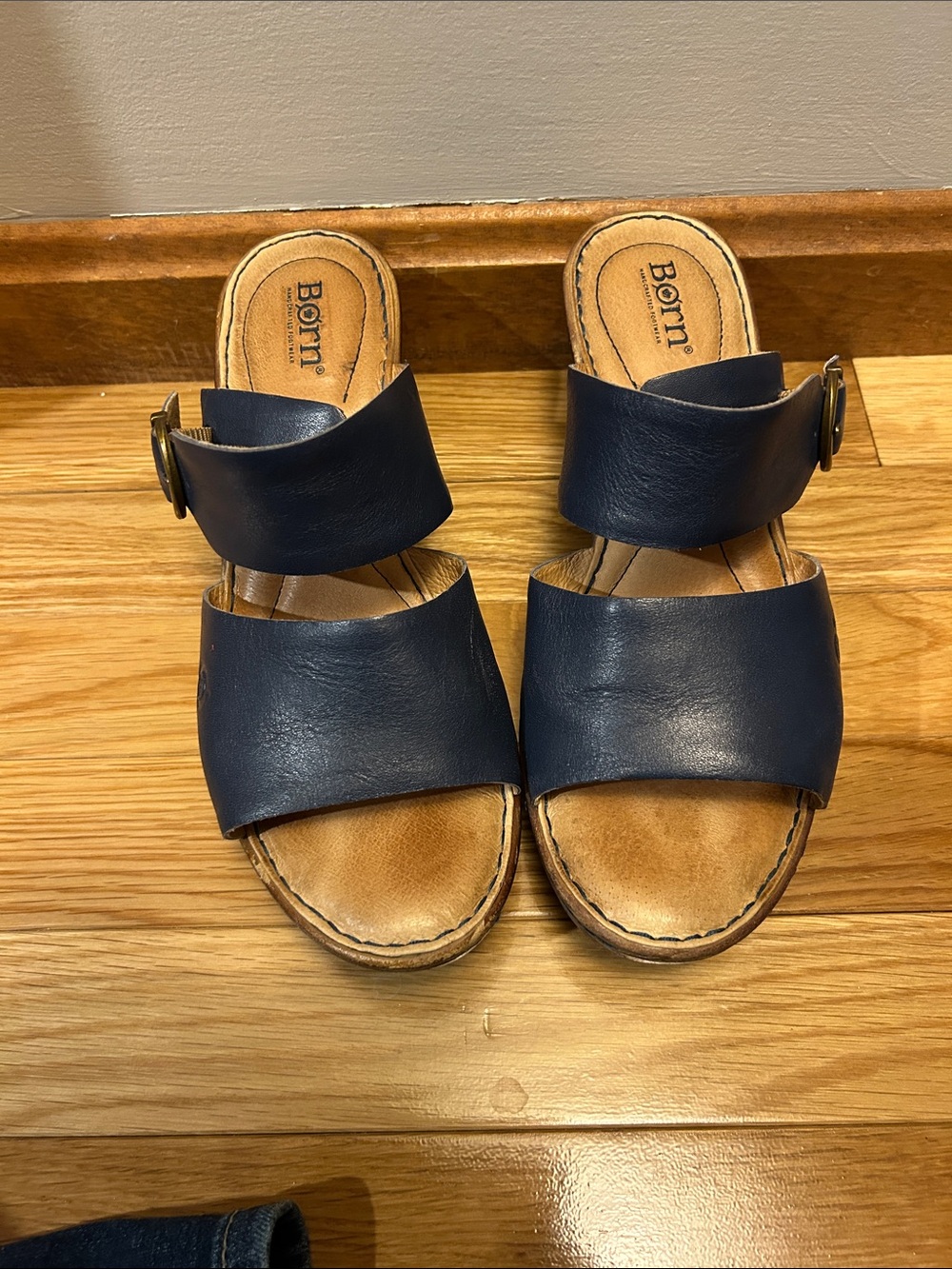 Born Navy Leather Double-Strap Slide Sandals with Buckle